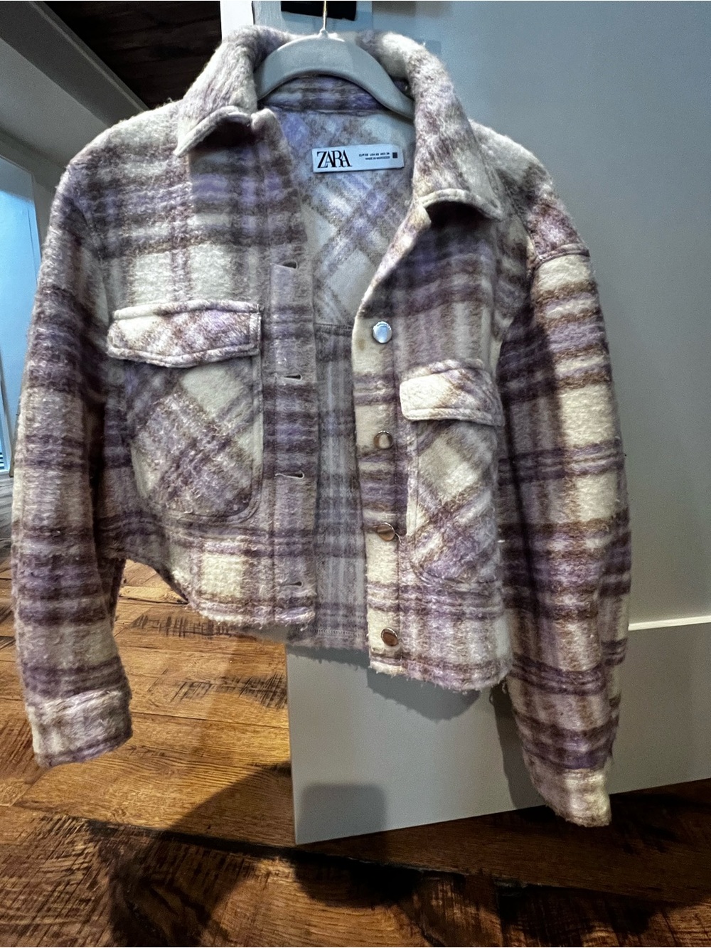 ZARA Plaid Cropped Shacket in Cream & Lavender